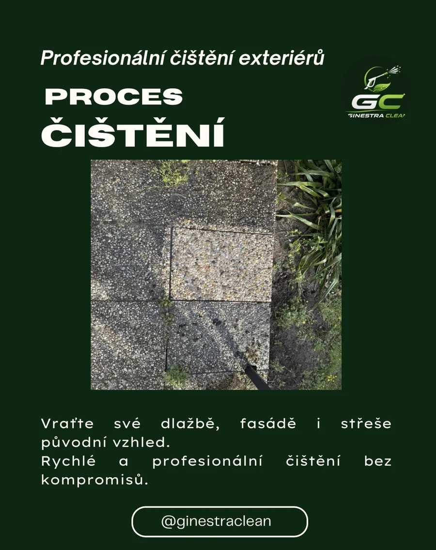 Čištění dlažby — dobře patrný rozdíl mezi ošetřenou a původní plochou.