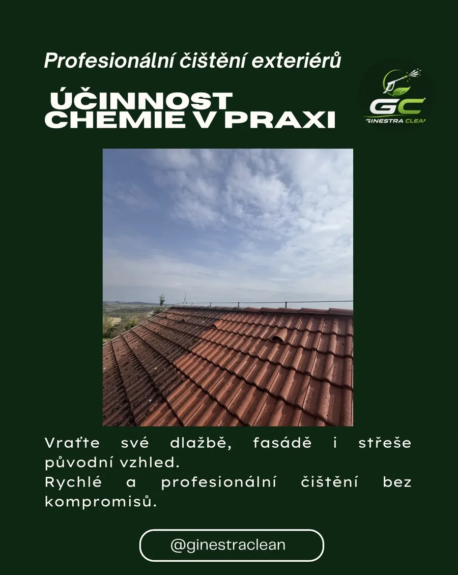 Účinnost čisticí chemie na střešní krytině — obnova původního vzhledu.