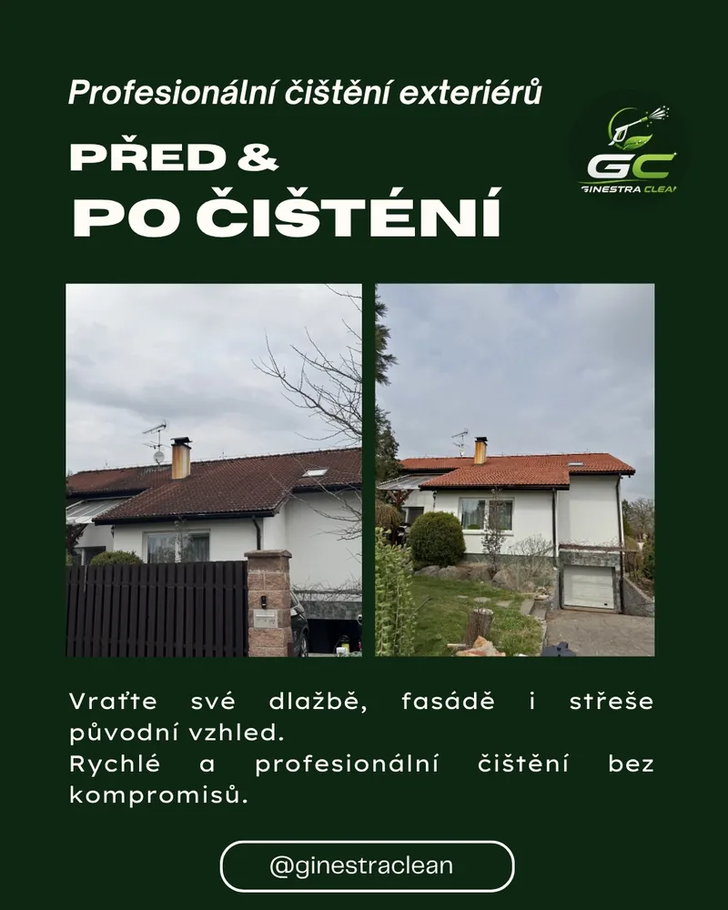Před a po čištění — střecha a fasáda rodinného domu