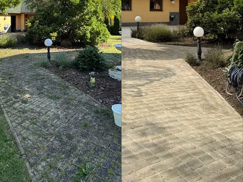 Dlažba u&nbsp;bazénu před tlakovým čištěním a&nbsp;po něm.