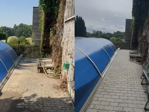 Dlažba pri bazéne pred tlakovým čistením a&nbsp;po ňom.